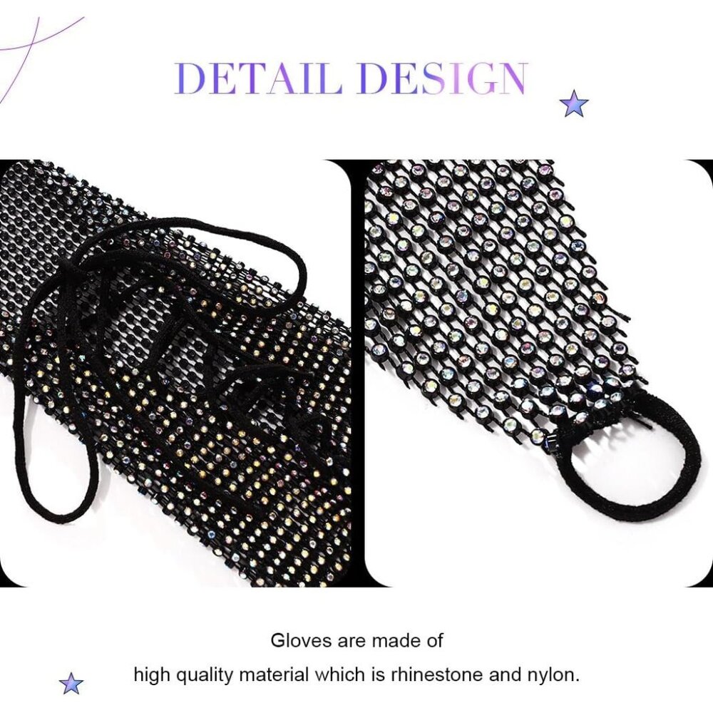 Women's Black Fingerless Crystal Rhinestone Sparkle Long Rave Arm Sleeves Gloves